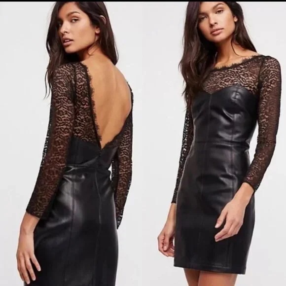 Free People Small NWT Colleen Faux Leather Lace Mini Dress Black Pleather Vegan - Picture 1 of 16
